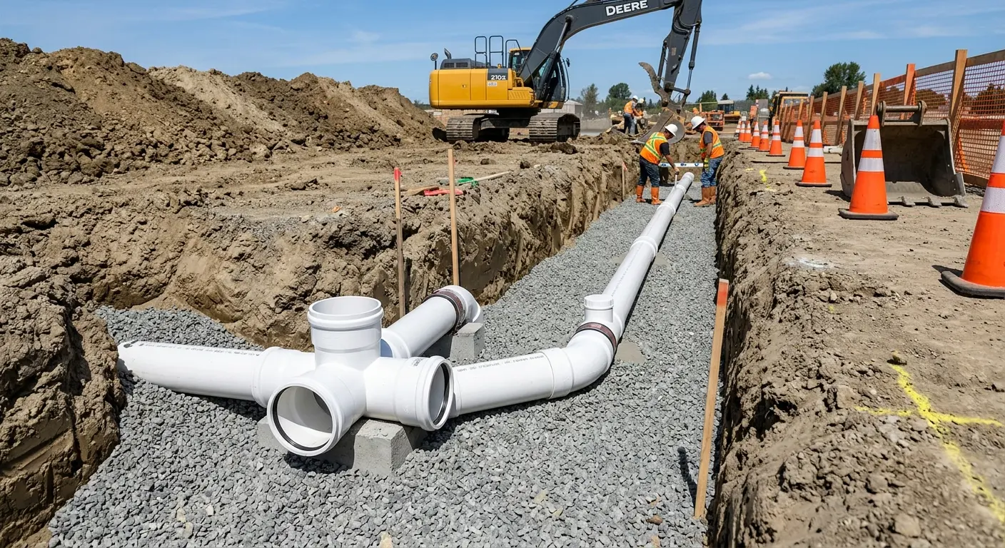 New PVC sewer pipe installation in open trench for Grease Trap Cleaning in Vista