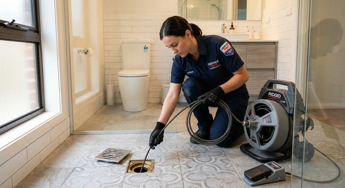 Technician clearing a bathroom floor drain for Sewer Line Replacement in Vista